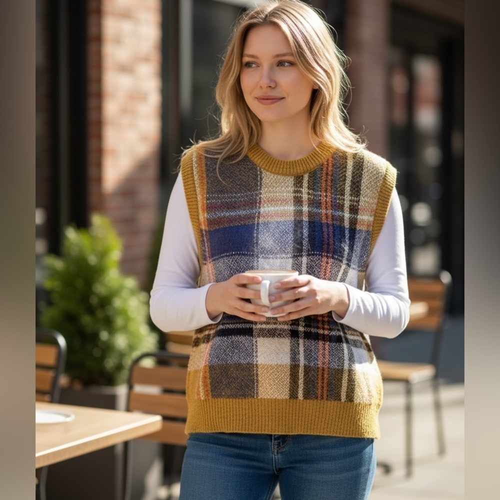 Double Knit Plaid Pullover Crewneck Vest